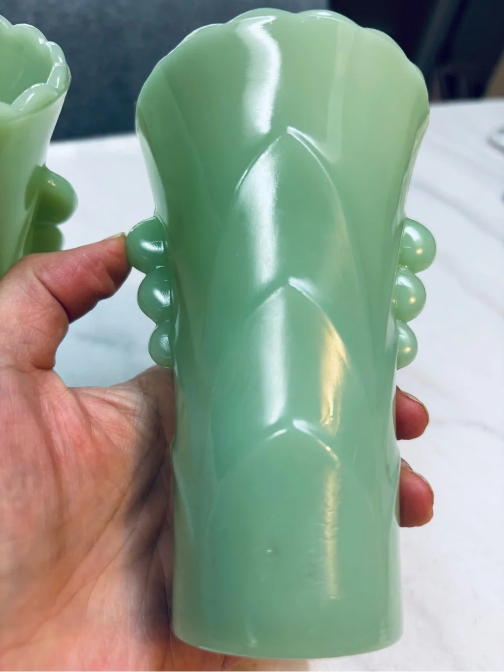 Fire King Jade Green Scalloped Bud Vases - Pair